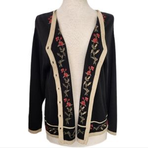 Dressbarn Cardigan Embroidered Floral Trim  Cotton Blend Black Size L